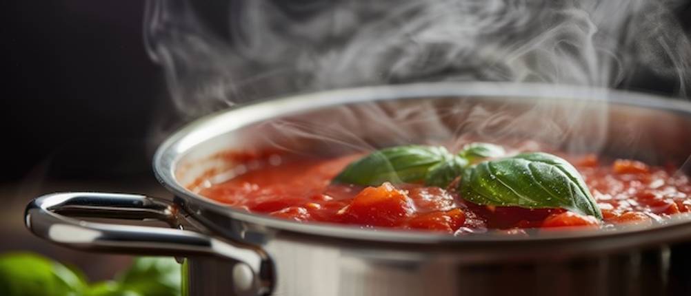 Suppentopf im Praxis-Test: Ein Suppentopf aus Edelstahl ist gefüllt mit einer dampfenden Tomatensuppe. Basilikum dekoriert die Suppe.