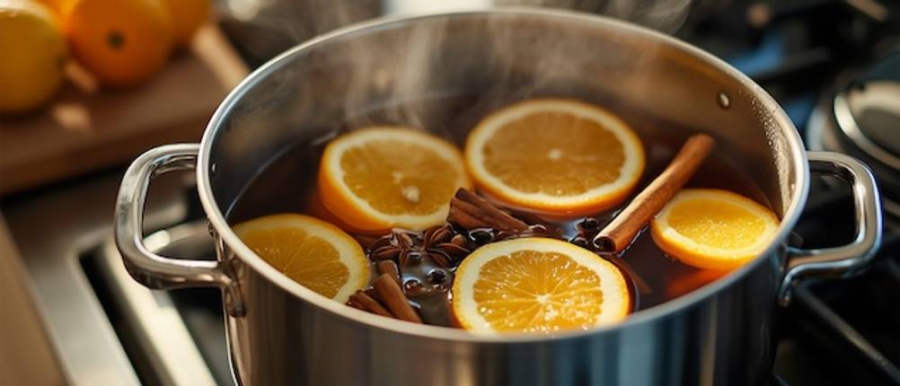 Suppentopf im Winter getestet: In einem Edelstahltopf befindet sich Glühwein mit Orangenscheiben und Zimt.