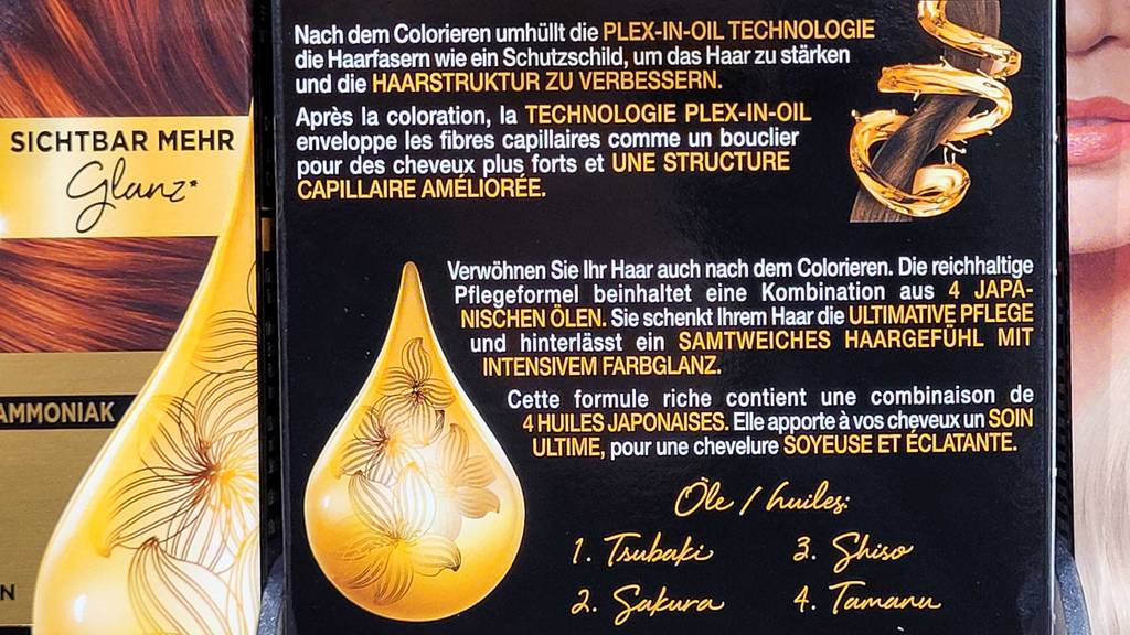 Haarfarben von Syoss im Test: Detailansicht der Produktbeschreibung auf der Verpackung.