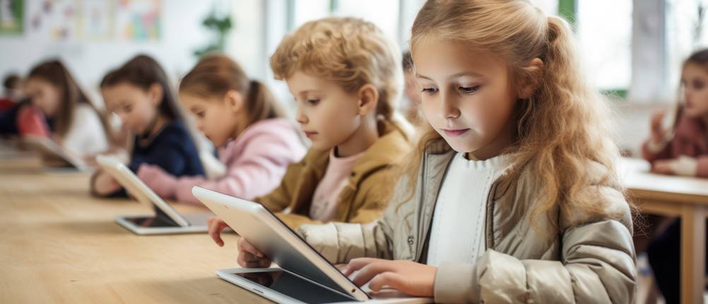 Tablet-Versicherungen im Test: In einer Schulklasse haben die Kinder alle ein Tablet vor ihnen auf dem Tisch.