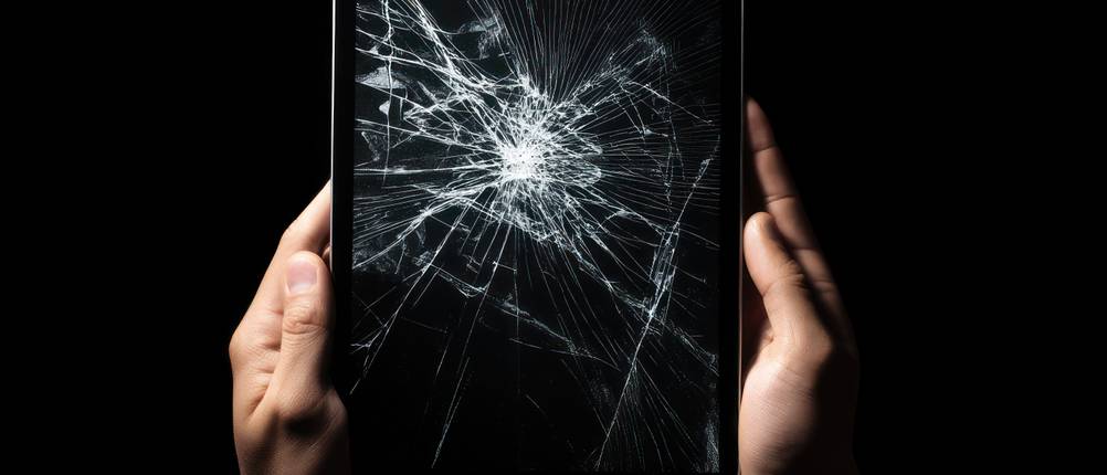 Tablet-Versicherungen im Vergleich: Eine Person hält ein Tablet mit einem kaputten Display in den Händen.