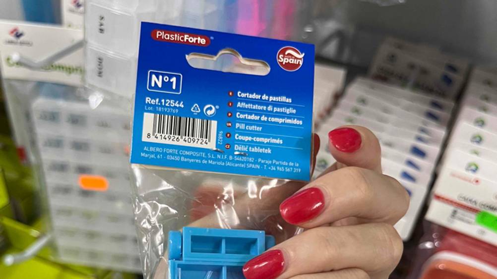 Tablettenteiler getestet: Nahaufnahme der Verpackung mit Informationen.