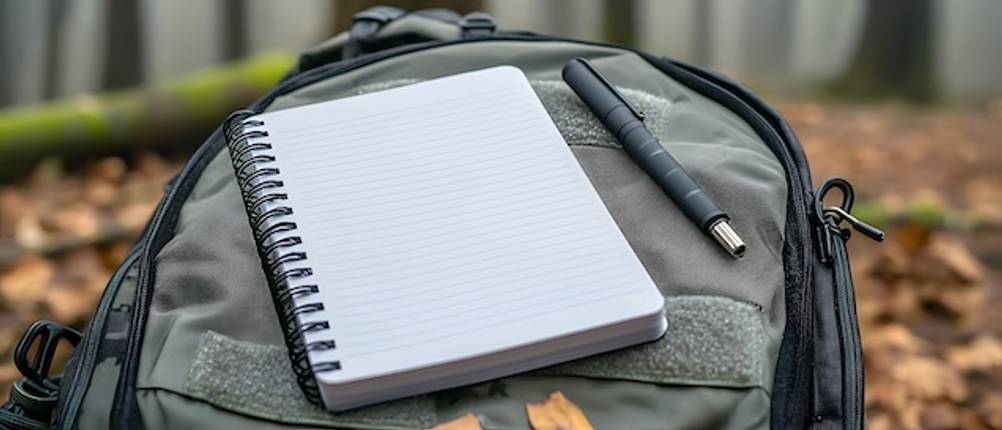 Tactical-Pen-Test: Ein Tactical-Pen liegt neben einem linierten offenen Notizbuch auf einem Rucksack im Wald.