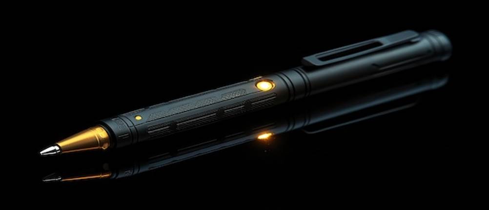 Tactical-Pen im Test: Ein schwarzer Tactical-Pen mit Licht in Schwarz vor einem schwarzen Hintergrund in Nahaufnahme.