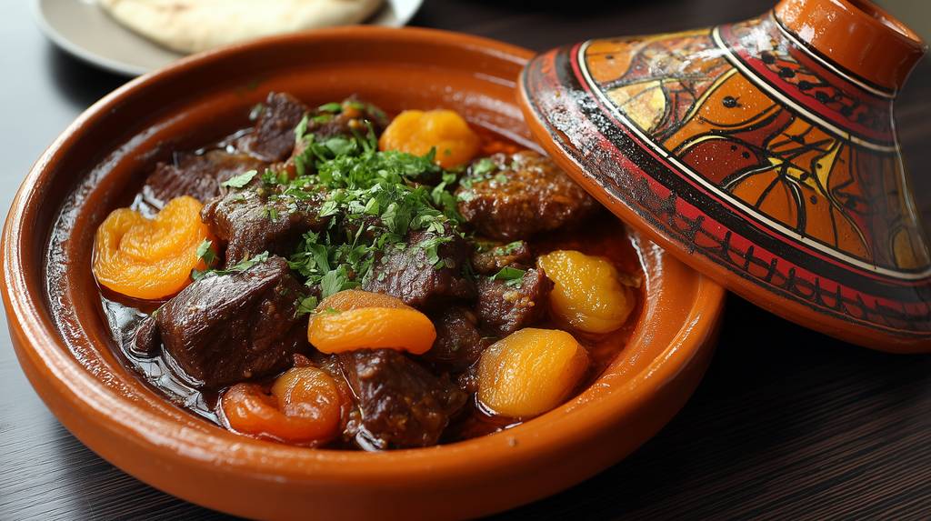 Tajine-Gewürz-Test: Ein traditioneller Tajine-Topf mit Fleisch und getrockneten Früchten. 
