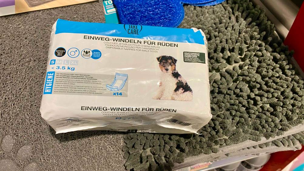 Eine Packung getestete Hundewindeln auf einem Teppich von oben.