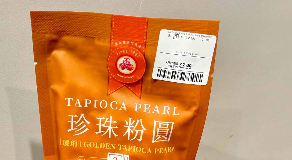 Tapiokaperlen im Test: Nahaufnahme der Vorderseite der Verpackung.