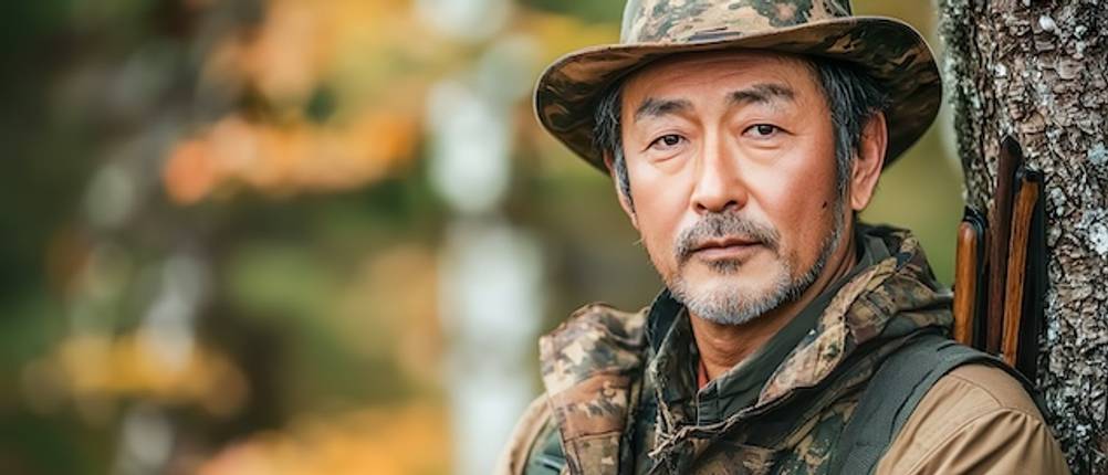 Tarnanzug-Test: Ein asiatisch aussehender Jäger steht mit einem Tarnanzug vor einem Baum im Wald.
