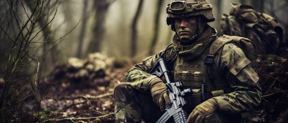 Tarnanzug von einem Soldat mit Gewehr im Wald getestet.