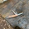 Das Victorinox Ranger Wood 55 liegt geöffnet auf einem nassen Holztisch im Wald. Mehrere Werkzeuge sind ausgeklappt sichtbar.