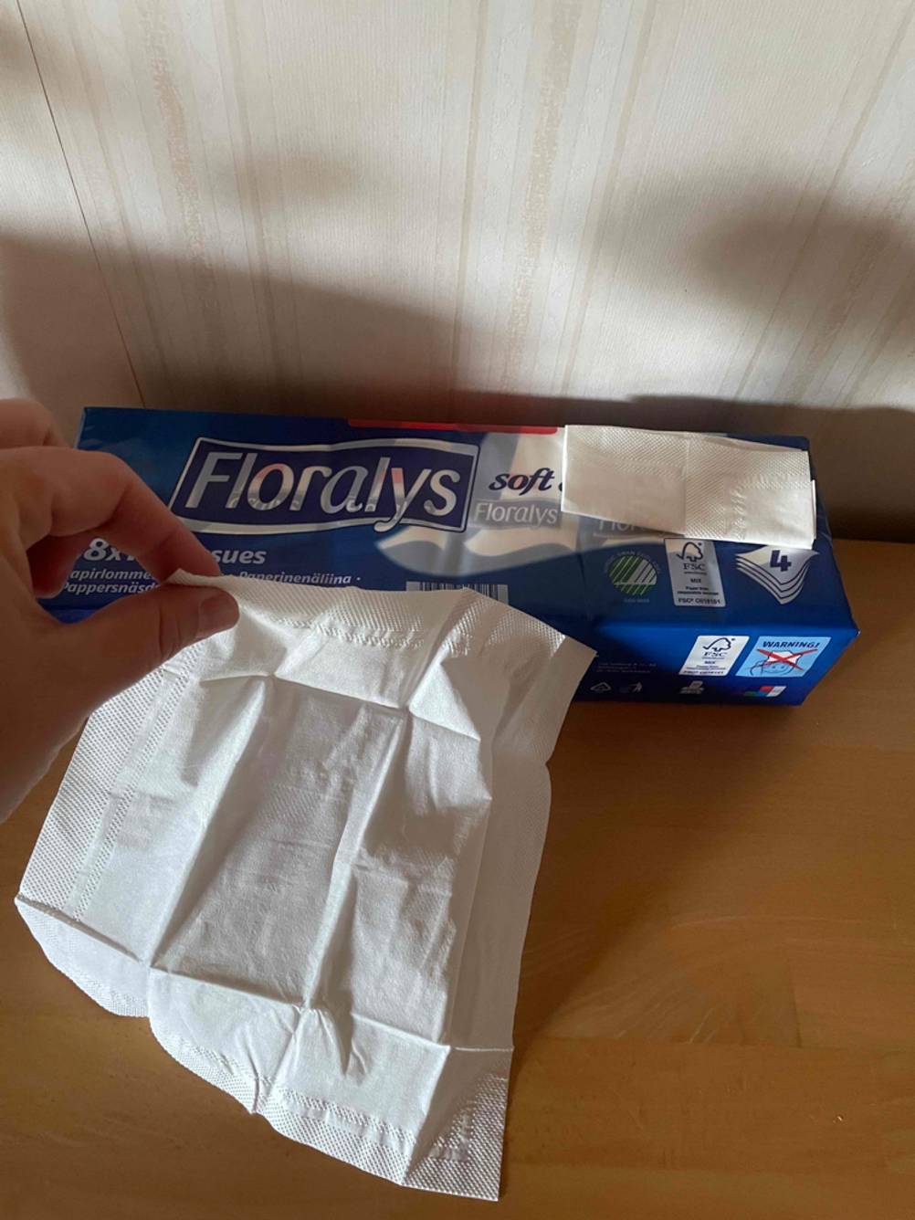 Eine Taschentuch-Packung im Test: In einer Hand befindet sich ein Taschentuch.