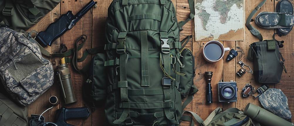 Tasmanian-Tiger-Rucksack-Test: Militär-Rucksack mit diversen Ausrüstungsgegenständen darum platziert
