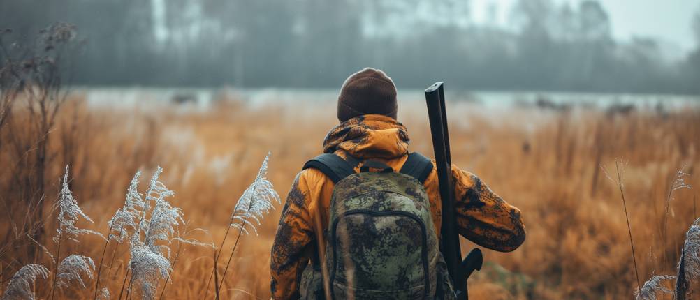 Tasmanian-Tiger-Rucksack im Test: Jäger in einem Feld mit hohem Gras mit einem Gewehr und einem Rucksack