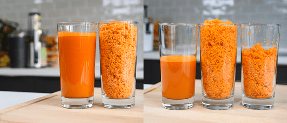 im test: Zwei Vergleichsbilder von Karottensäften und dem entstandenen Trester.