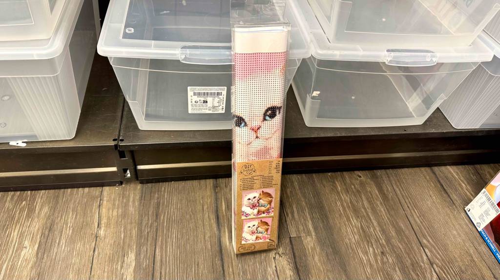 Eine Packung getestetes Diamond-Painting steht vor Plastikboxen auf einem Holzboden.
