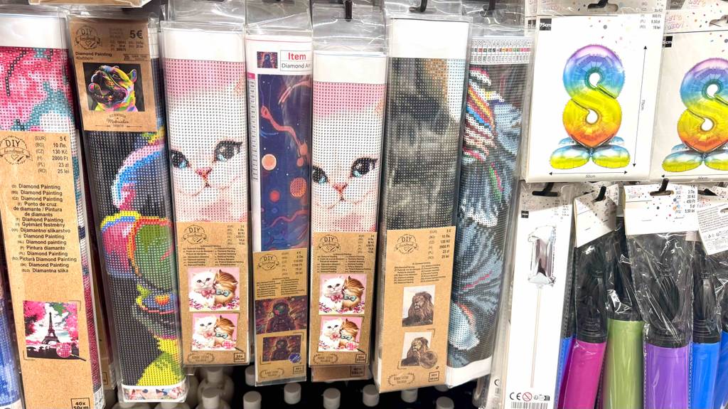 Diamond-Painting im Test: Mehrere verpackte unterschiedliche Designs hängen in einem Regal.