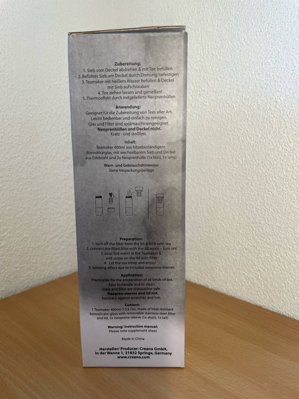 Teeflasche to go getestet: Rückseite der Originalverpackung mit Informationen.