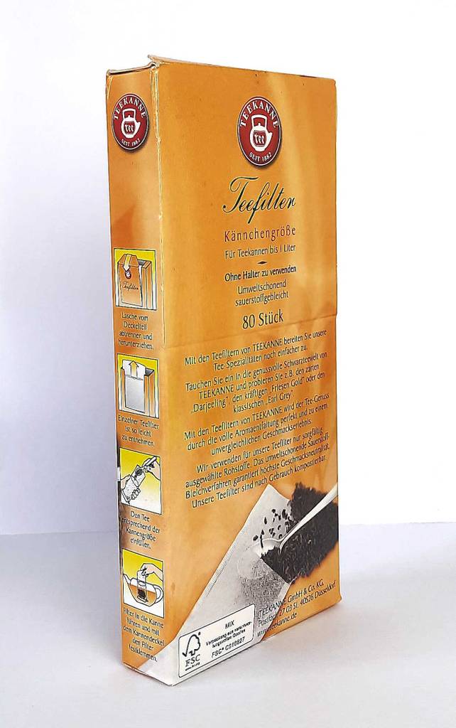 Ansicht von einer gelb-orangen 80-Stück-Verpackung inklusive Anwendungsbeschreibung für Teebeutel im Test.