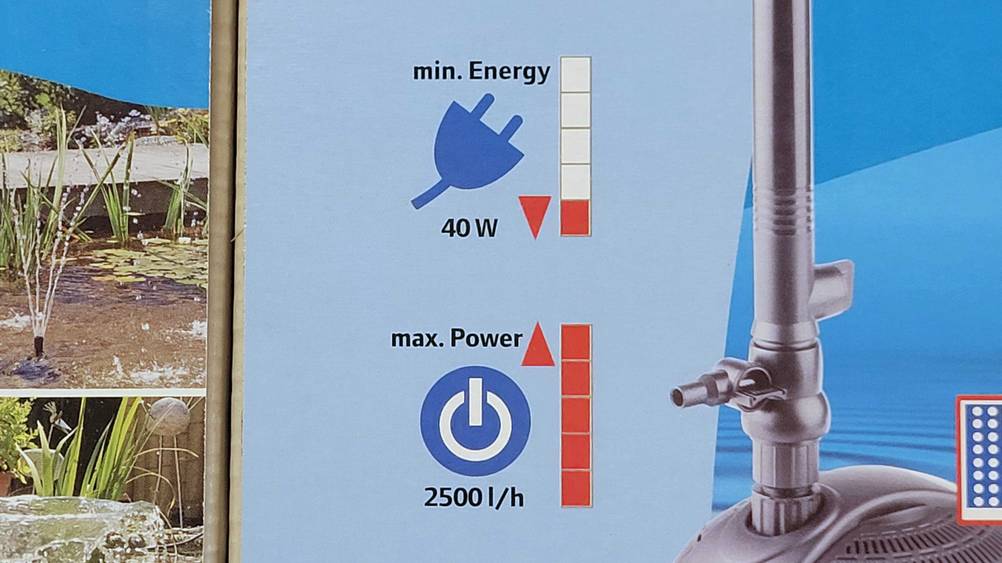 Teichpumpe im Test: Nahaufnahme der Infografik auf der Packung der Pumpe.