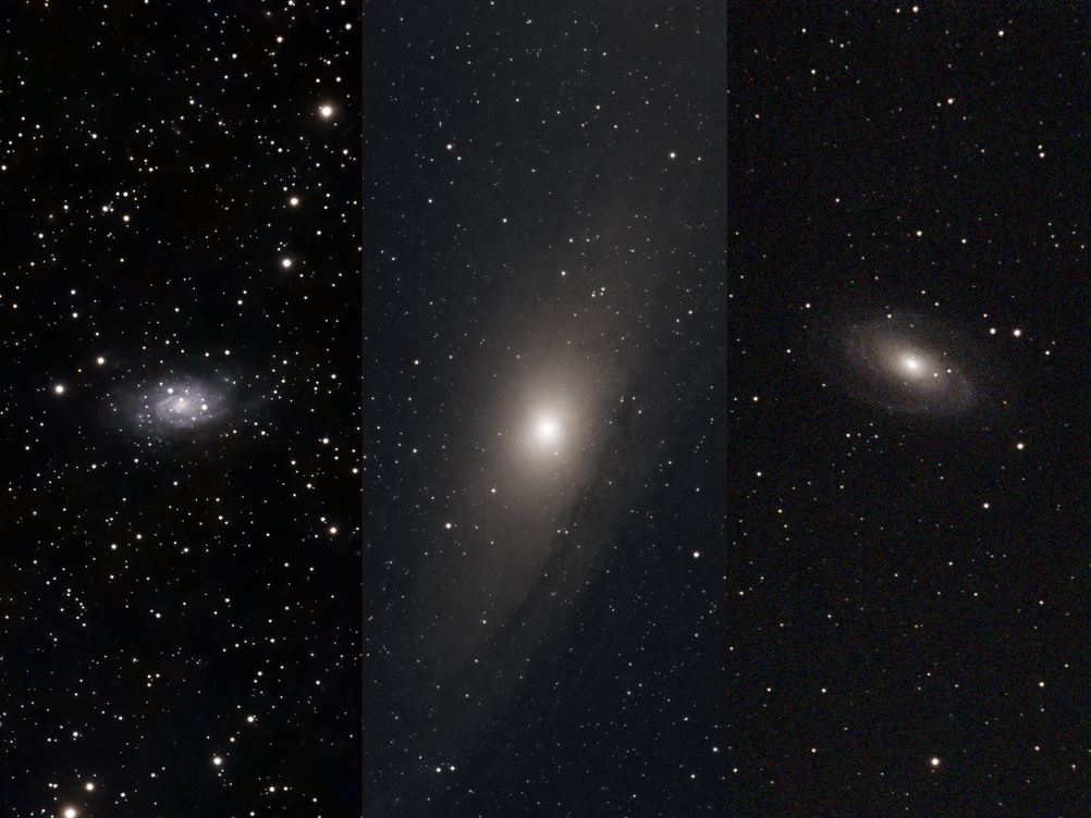 Collage verschiedener Galaxien, die mit dem getesteten ZWO-Teleskop fotografiert wurden.