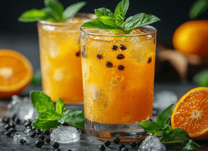 Tellicherry-Pfeffer-Test: Cocktail mit Pfefferkörnern und Minze. 