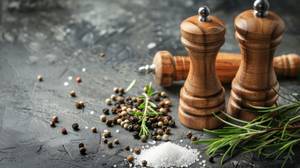 Tellicherry-Pfeffer-Test: Mehrere Holz-Pfeffermühlen neben Pfeffer, Salz und Rosmarin. 
