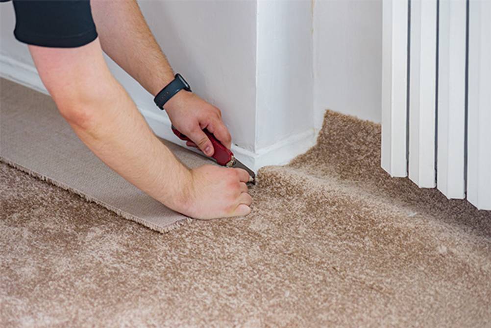 Teppichmesser im Test: Jemand verlegt einen Teppich und schneidet mittels Teppichmesser die Überstände ab.