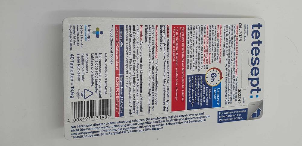 Laktase Tabletten con Tetesept Rückseite