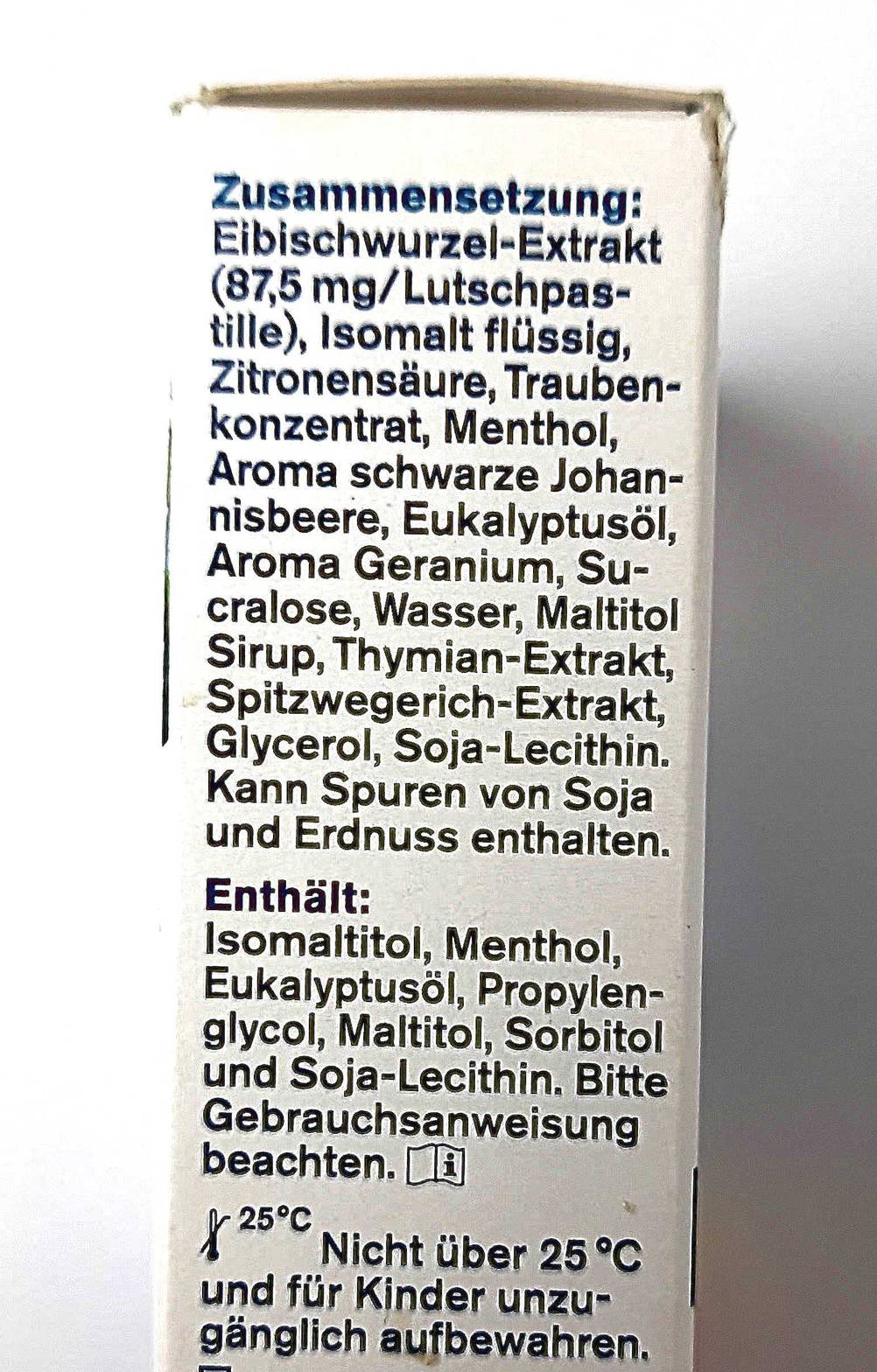 Auf der Seite der Verpackung von Mittel gegen Reizhusten im Test stehen die Inhaltsstoffe.