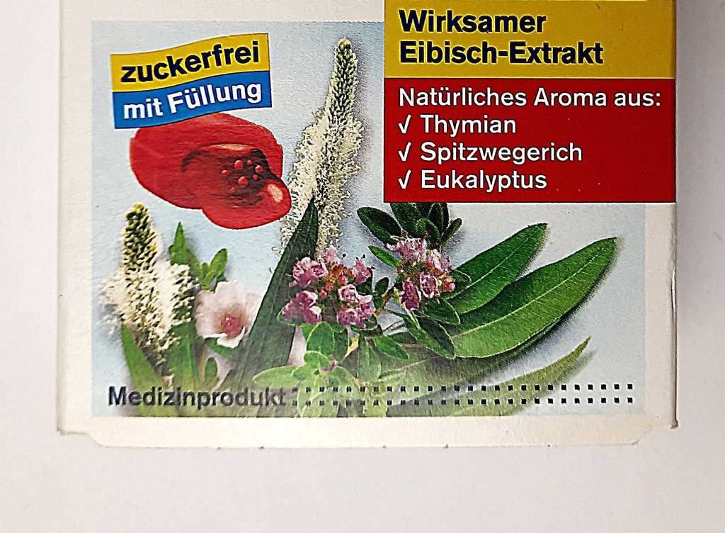 Mittel gegen Reizhusten-Test: Auf der Vorderseite der Verpackung sind die Zutaten bebildert.