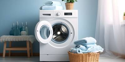 Energiesparende-Waschmaschine-Test: Wäsche im Korb vor einer Waschmaschine.