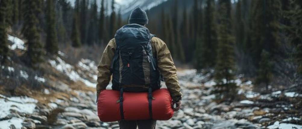 Therm-a-Rest-Isomatte: Ein Wanderer mit einem Wanderrucksack und einer Isomatte.