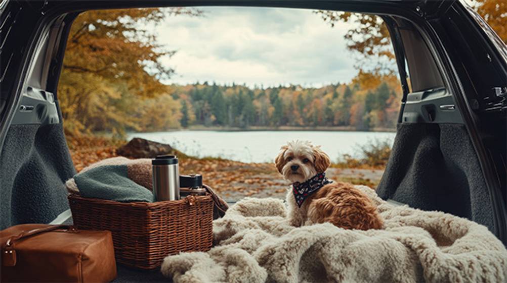 Hunde-Thermodecke im Test: Ein kleiner Hund im Kofferraum eines Autos sitzt auf einer bequemen Decke.