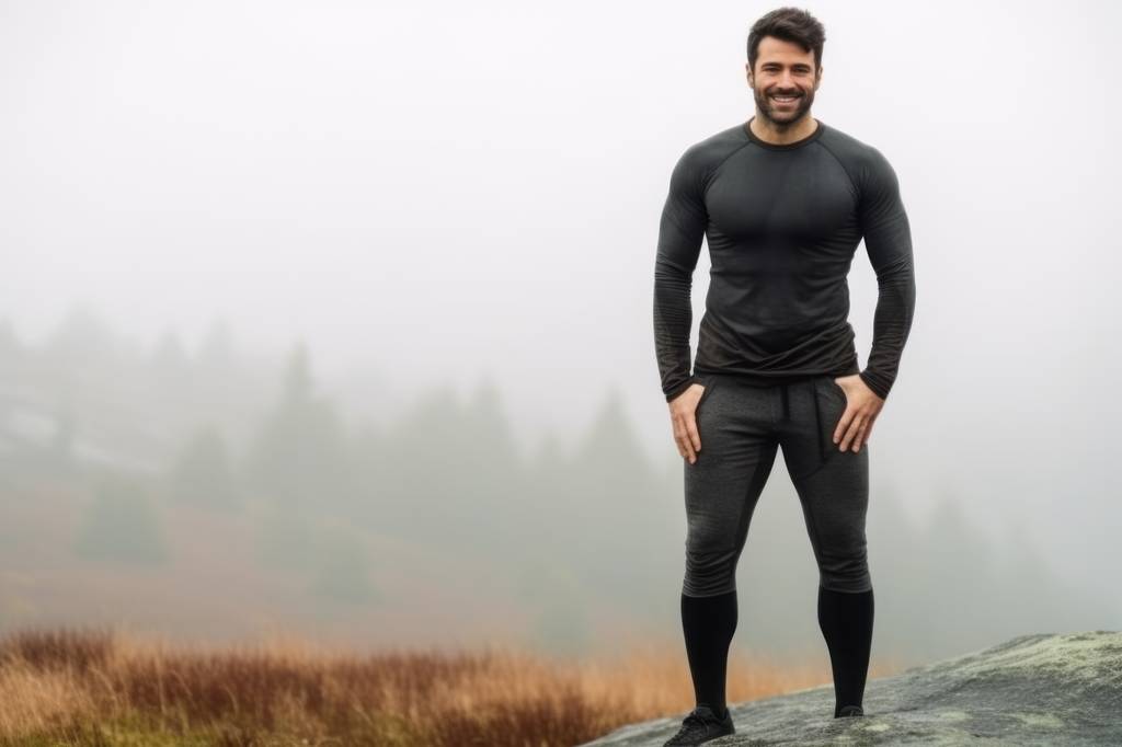 Thermo-Laufhose-Herren-Test: Ein Mann steht in Thermo-Laufkleidung auf einem Berg. Der Wald im Hintergrund ist von Nebel bedeckt. 