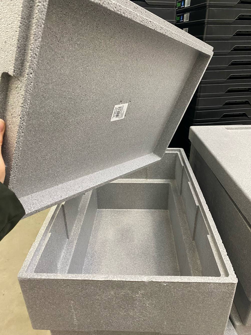 Getestet: hellgraue Thermobox mit geöffnetem Deckel steht neben anderen Boxen zur Aufbewahrung.