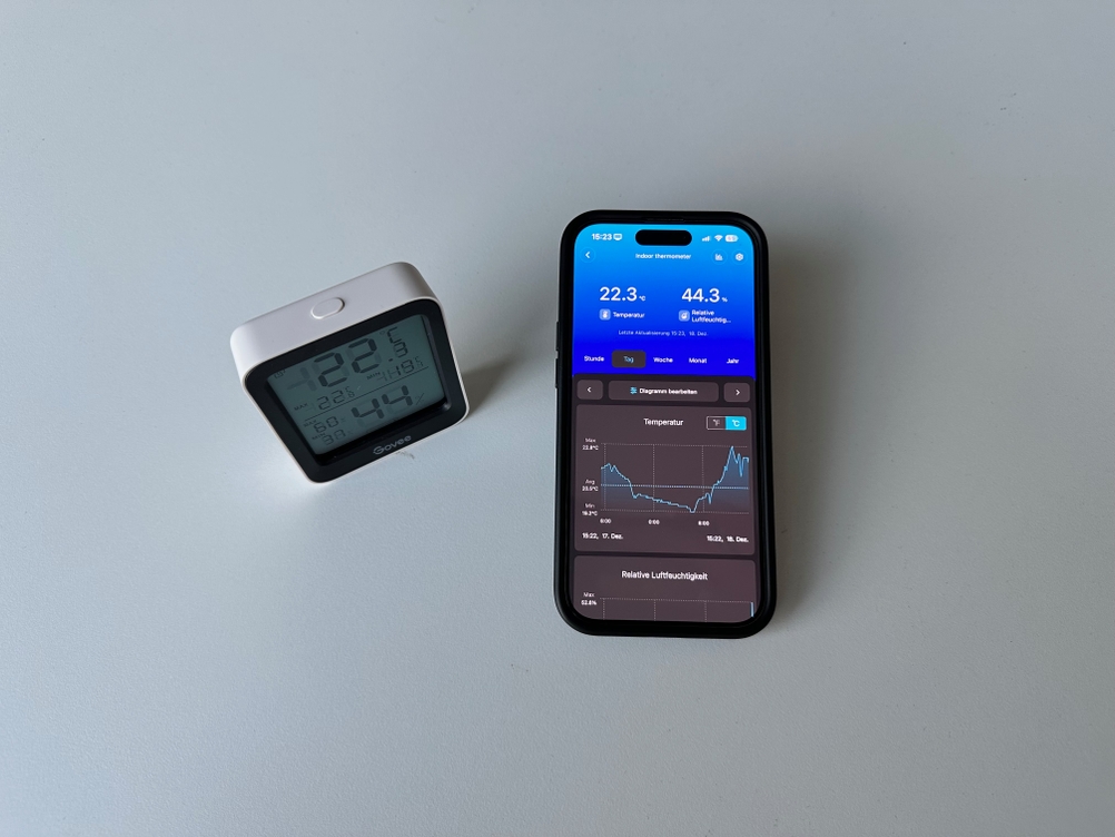 Ein Govee-H5075001DE-Thermometer ist neben einem Smartphone platziert, auf dem die Govee-App mit Temperatur- und Luftfeuchtigkeitsverlauf angezeigt wird.