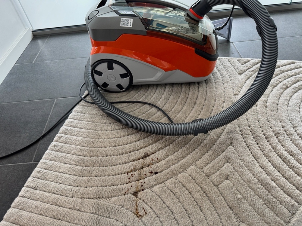 Der Thomas Pet and Family Aqua+ steht auf einem Teppich mit einem Kaffeefleck