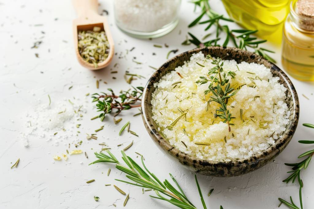 Thymianöl-Test: Auf einem Tisch steht eine Schale mit Badesalz und Thymian. Daneben liegen ein kleiner Holzlöffeln, Gewürze und weitere Gläser mit Öl und Salz. 