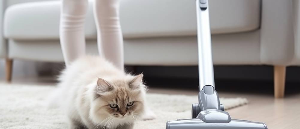 Tierhaarstaubsauger mit Katze im Test: Frau saugt auf einem Teppich mit sitzender Katze.