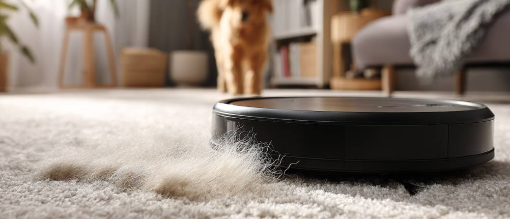 Tierhaar-Staubsauger im Test: Saugroboter saugt Teppich mit einem Hund im Hintergrund.