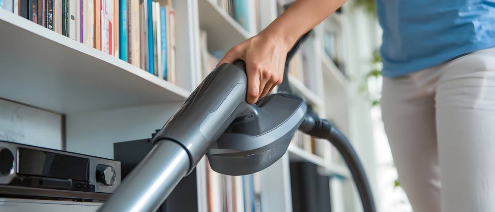 Tierhaarstaubsauger im Test: Mann saugt mit Staubsauger an einem Bücherregal entlang.