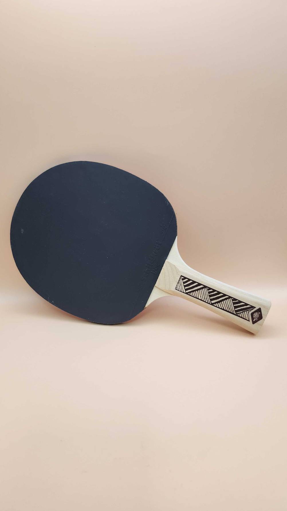 Tischtennis-Holz getestet: Ein Schläger vor einer hellen Fläche.