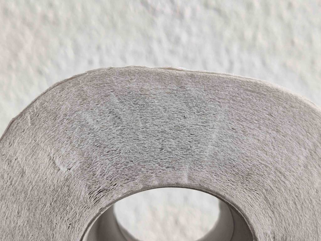 Oberflächenbeschaffenheit von einem getesteten 3-lagigen Toilettenpapier. 