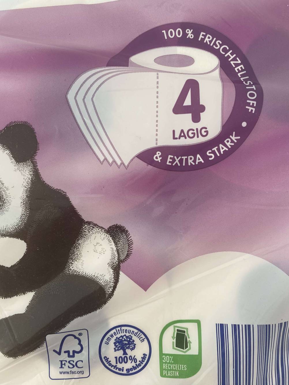 Toilettenpapier 4-lagig getestet: Nahaufnahme der Infografik auf der Vorderseite der Originalverpackung.