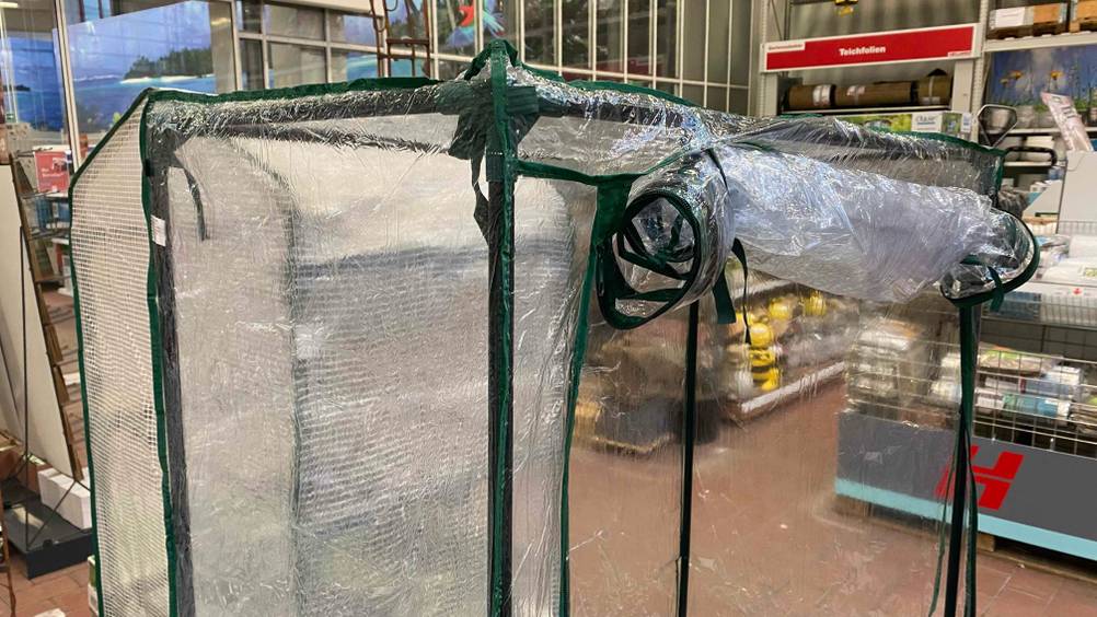 Tomatengewächshaus getestet: Nahaufnahme des Daches mit einer Seitenwand aufgewickelt.