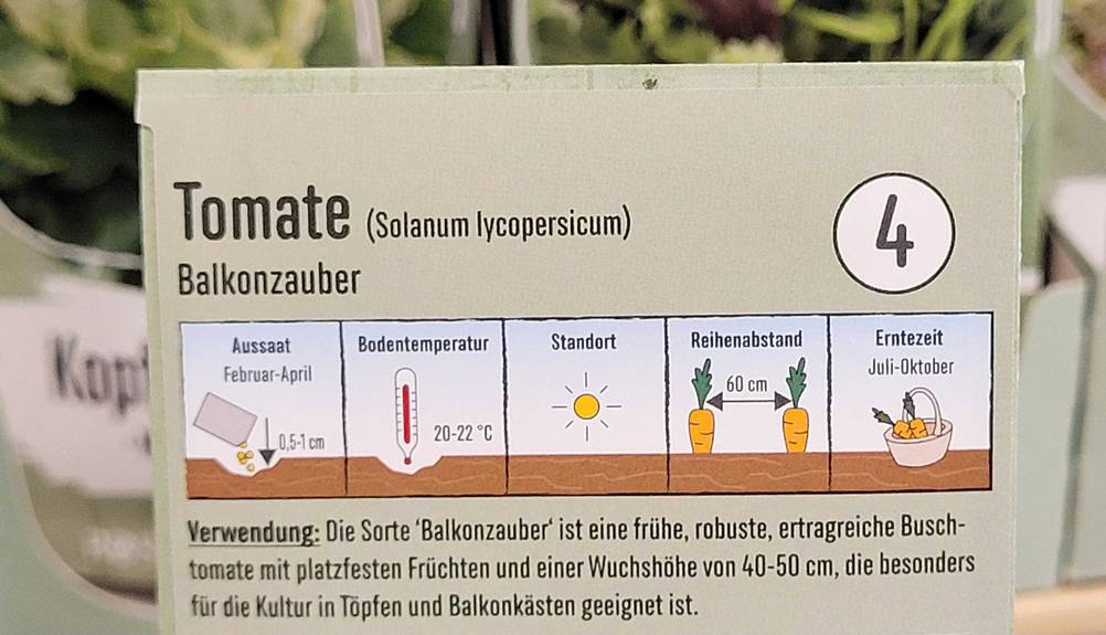 Tomatensamen-Test: Nahaufnahme der Infografiken auf der Rückseite der Verpackung.