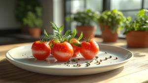 Tomatenstrunkentferner-Test: Auf einem weißen Teller liegen kleine Cherry-Tomaten. 