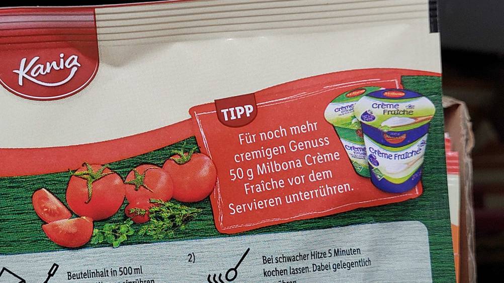 Tomatensuppe-Test: Nahaufnahme einer Grafik auf der Vorderseite der Verpackung.