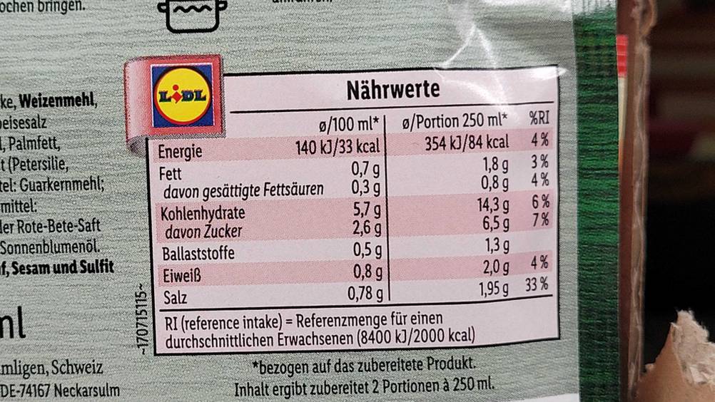 Tomatensuppe getestet: Nahaufnahme der Nerwerte.