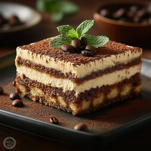 Tonkabohnen-Test: Ein Stück Tiramisu auf einem dunklen Teller. 